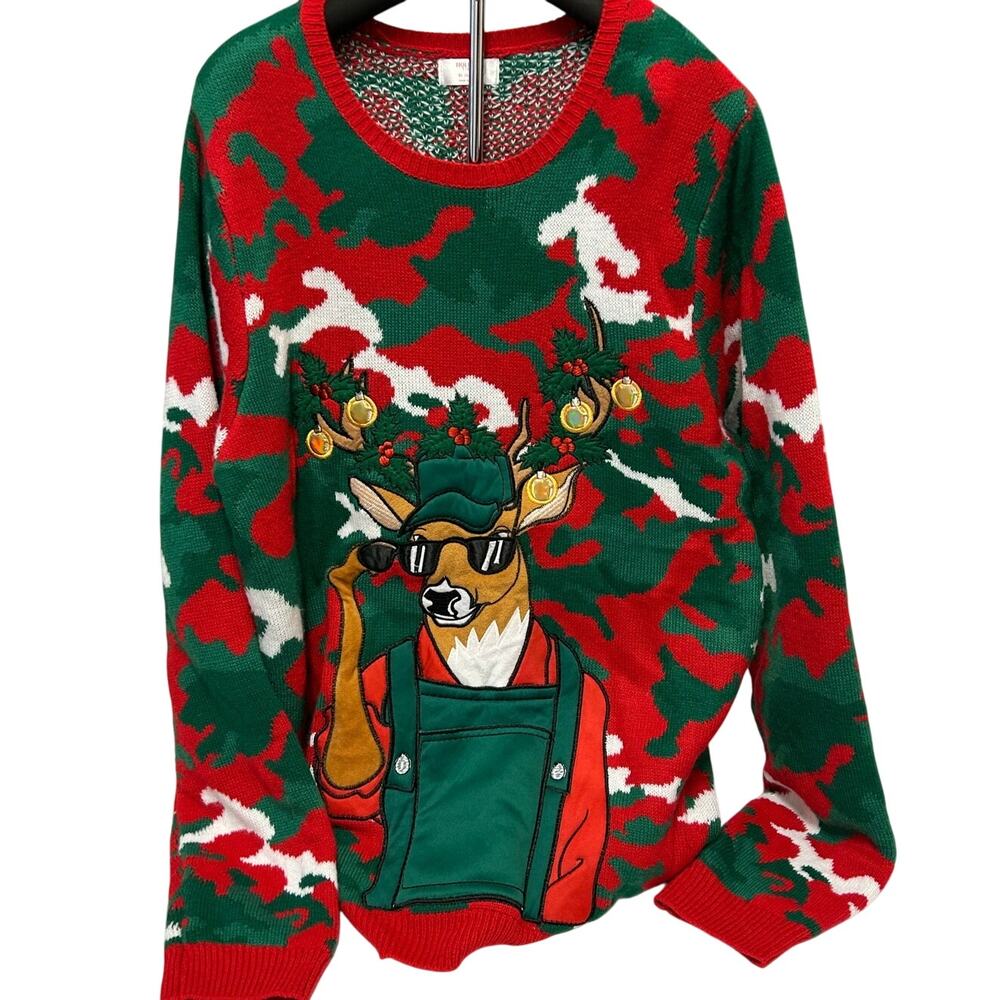 Holiday Time Mens xl 46-48 Camo Deer Ugly Christmas sweater w/drink pocket